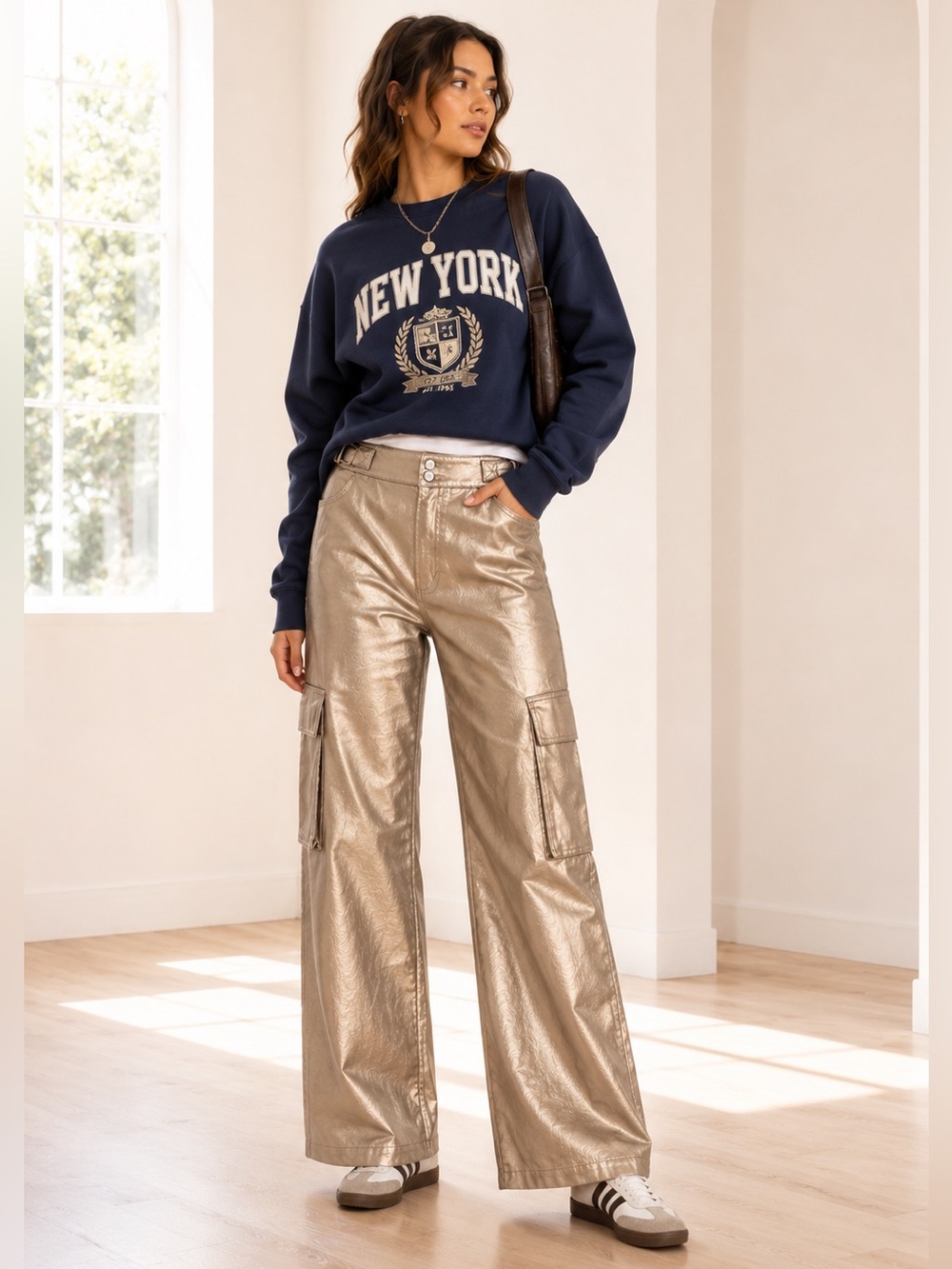 Circus NY Taupe Gold Metallic Denim Cargo Wide Leg Jeans Belted Sides Sz 30